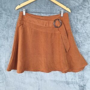 Free People Skirt 10 Brown Linen Blend Higher Ground Mini Boho Belted Coastal